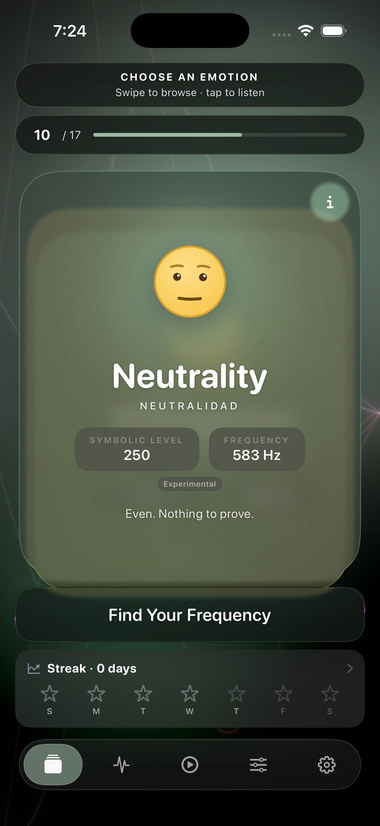 Pantalla Explorar en oscuro con la carta de Neutralidad y el botón «Encuentra tu frecuencia».