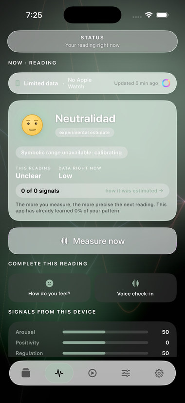 Pantalla Estado en oscuro con la lectura actual y el botón «Medir ahora».