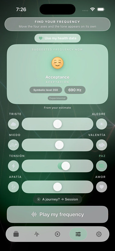 Pantalla Buscar con los cuatro ejes de emoción y el botón «Reproducir mi frecuencia».
