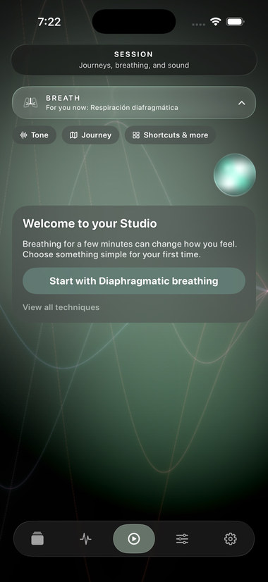 Respirar desplegado dentro de Sesión, con la bienvenida al estudio y la respiración diafragmática.