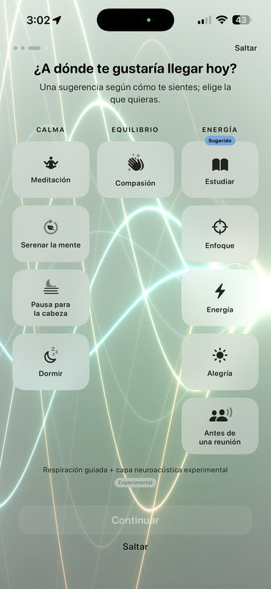 Pantalla «¿A dónde te gustaría llegar hoy?» con los destinos agrupados en calma, equilibrio y energía.
