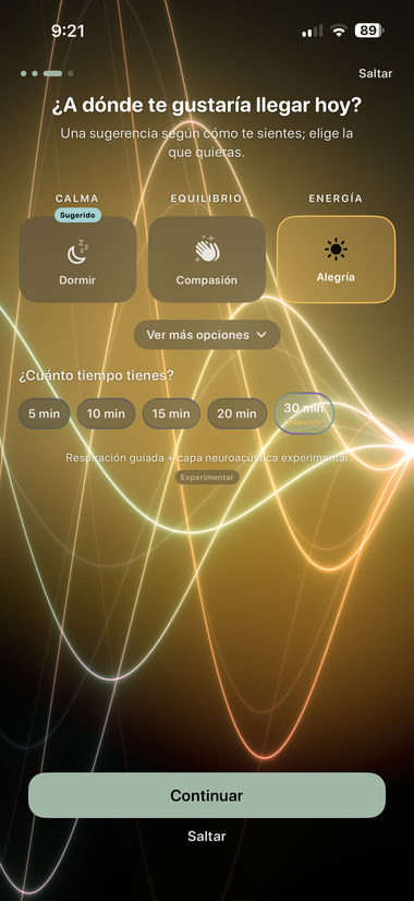 Destino Alegría elegido y el selector de tiempo, de 5 a 30 minutos.