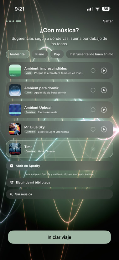 Pantalla «¿Con música?» con sugerencias de ambiente, piano y pop, y el enlace a Spotify.