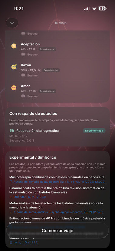 Vista previa del viaje con Aceptación, Razón y Amor, sus Hz y las notas de evidencia.