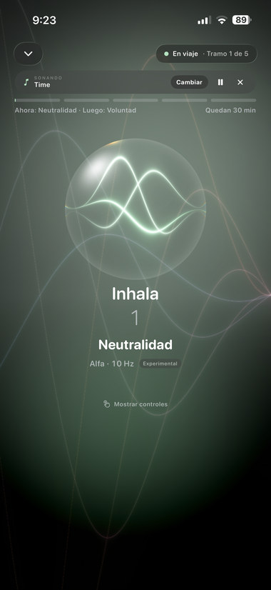Sesión en curso: «Inhala», Neutralidad, Alfa 10 Hz, tramo 1 de 5.