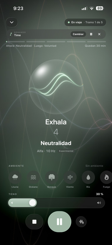 Sesión en curso: «Exhala», con la música sonando y 30 minutos por delante.