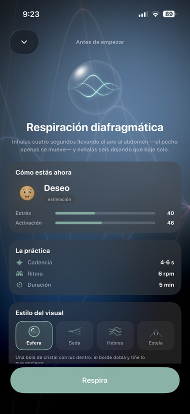 Antes de una respiración diafragmática: cómo estás ahora, cadencia, ritmo, duración y estilo del visual.