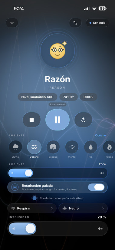 Sesión de tono: Razón a 741 Hz, ambiente Océano, respiración guiada activada y control de intensidad.